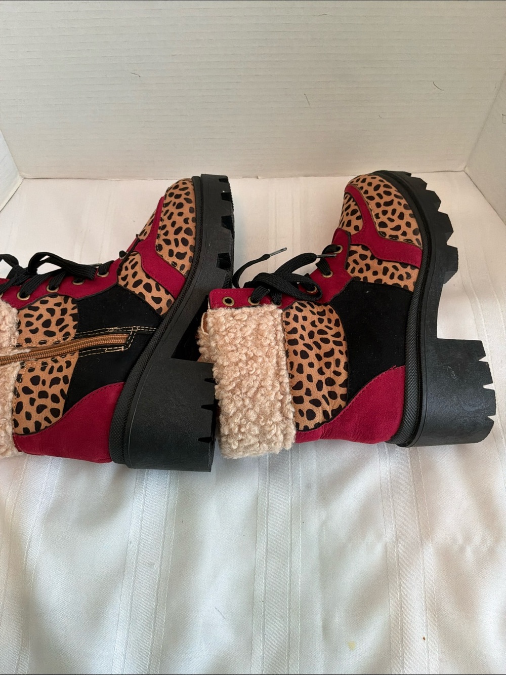 Rouge! Burgundy and Leopard Print Lace-Up Shearling Boots - Picture 4 of 5